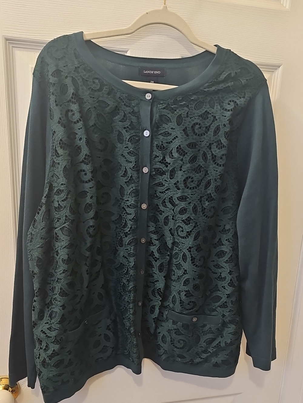 Lands' End Women's Dark Green Lace-Front Cardigan